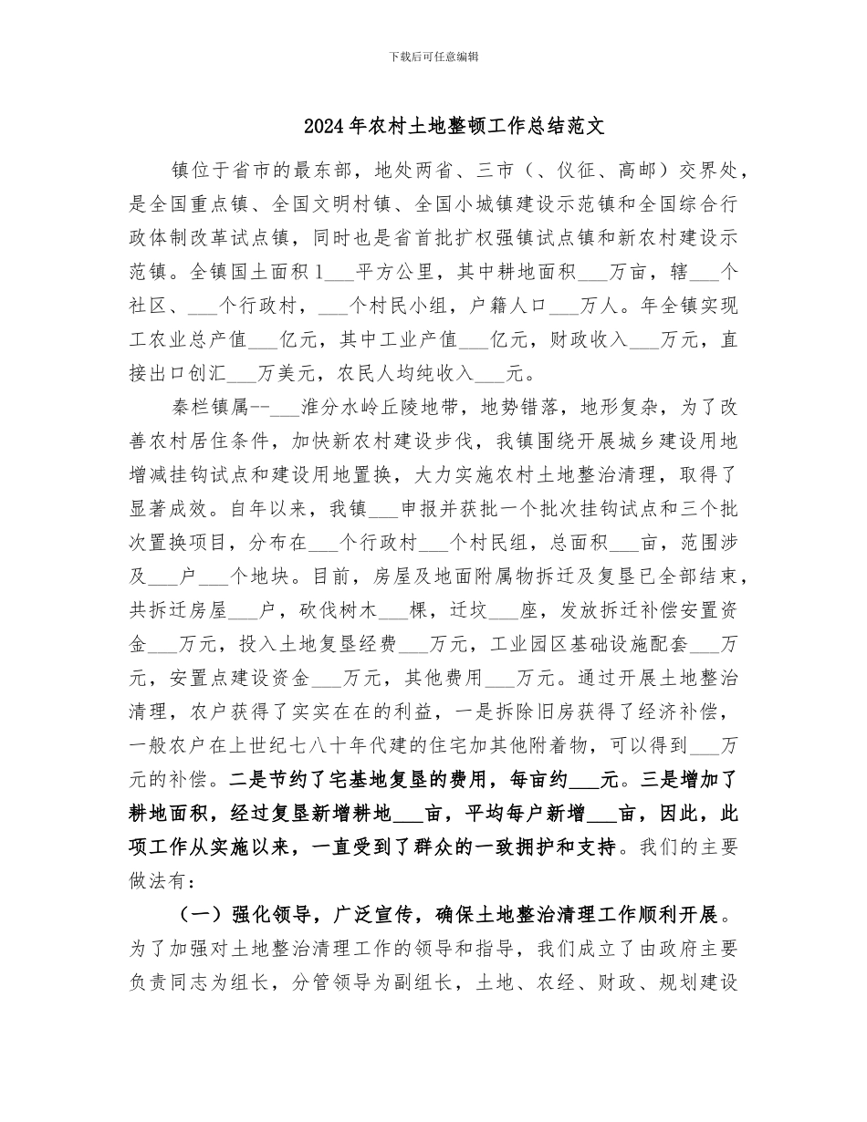 2024年农村土地整顿工作总结范文_第1页