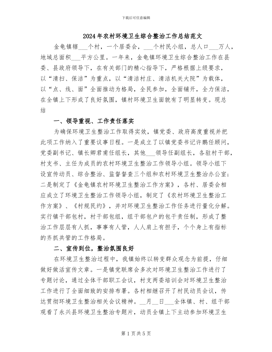 2024年农村环境卫生综合整治工作总结范文_第1页