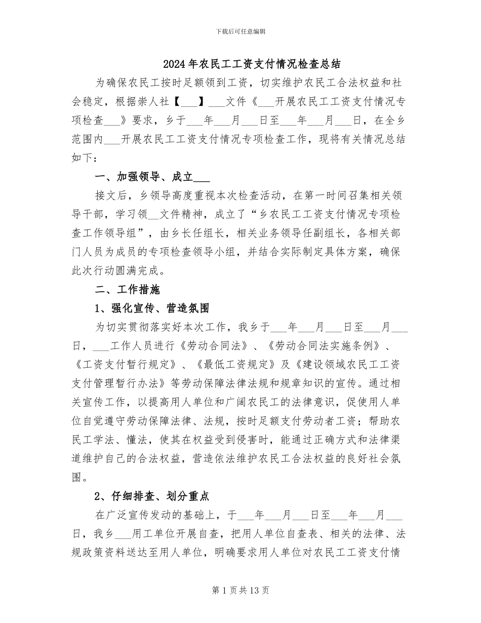 2024年农民工工资支付情况检查总结_第1页