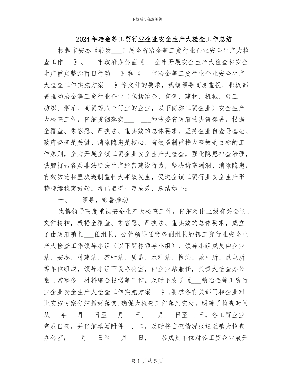 2024年冶金等工贸行业企业安全生产大检查工作总结_第1页