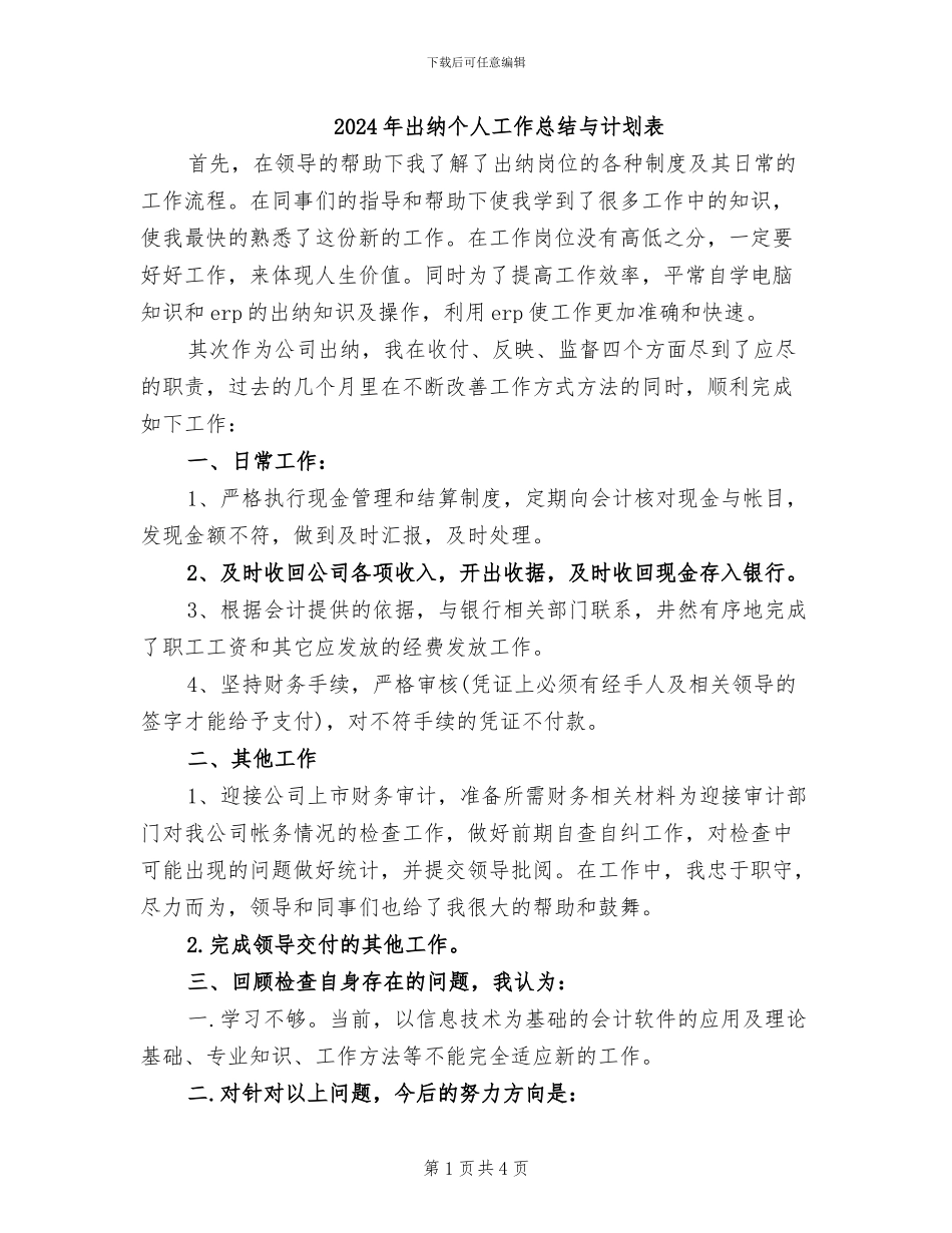 2024年出纳个人工作总结与计划表_第1页