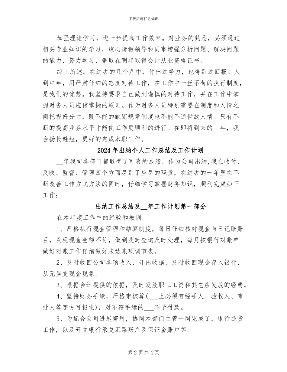 2024年出纳个人工作总结与计划表_第2页