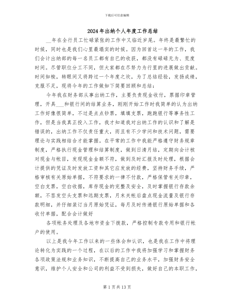2024年出纳个人年度工作总结_第1页