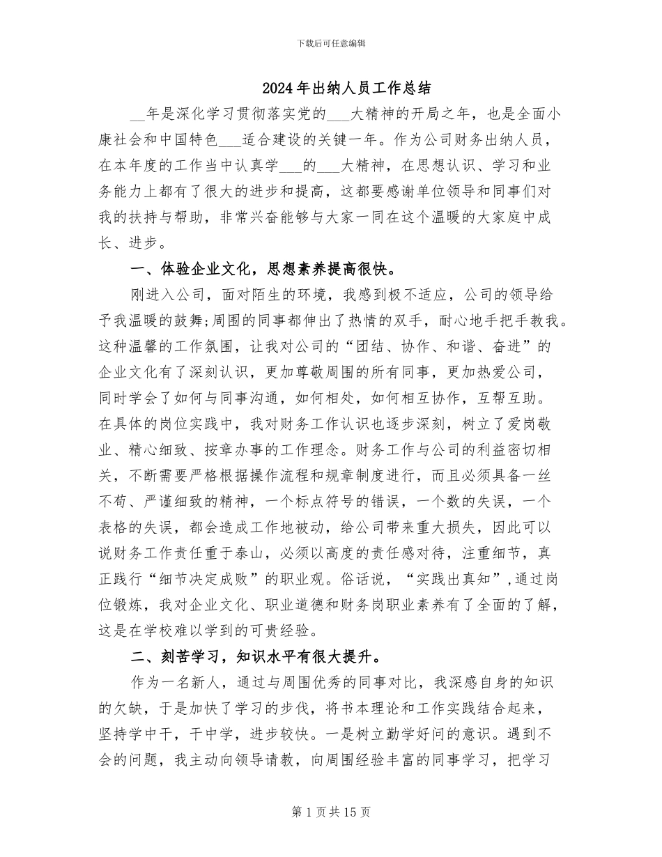 2024年出纳人员工作总结_第1页