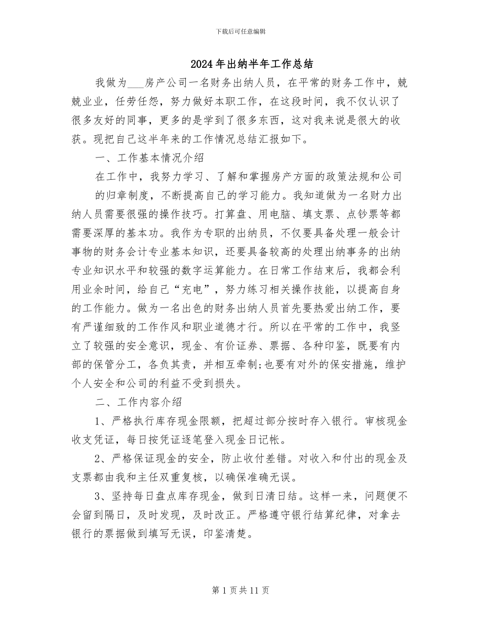 2024年出纳半年工作总结_第1页