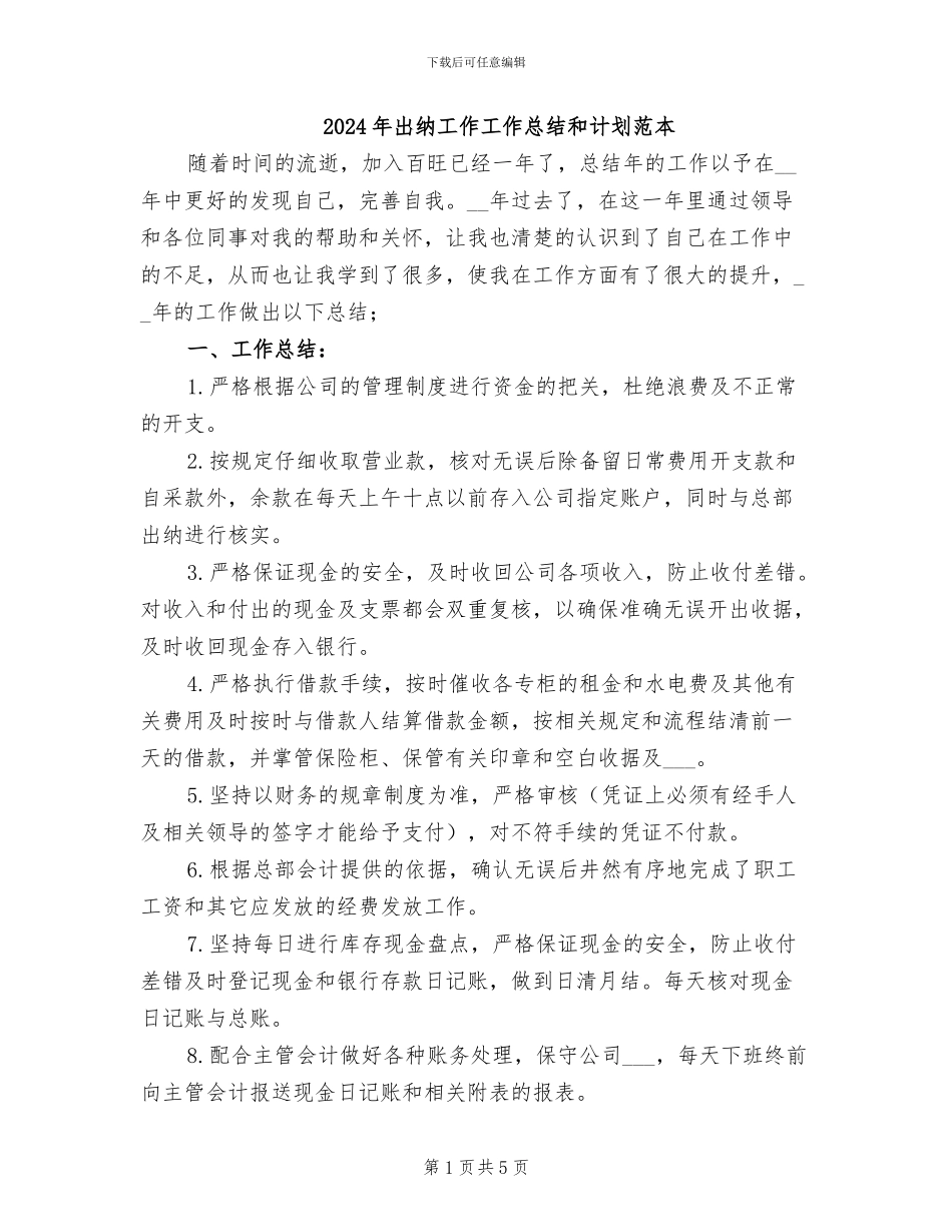 2024年出纳工作工作总结和计划范本_第1页