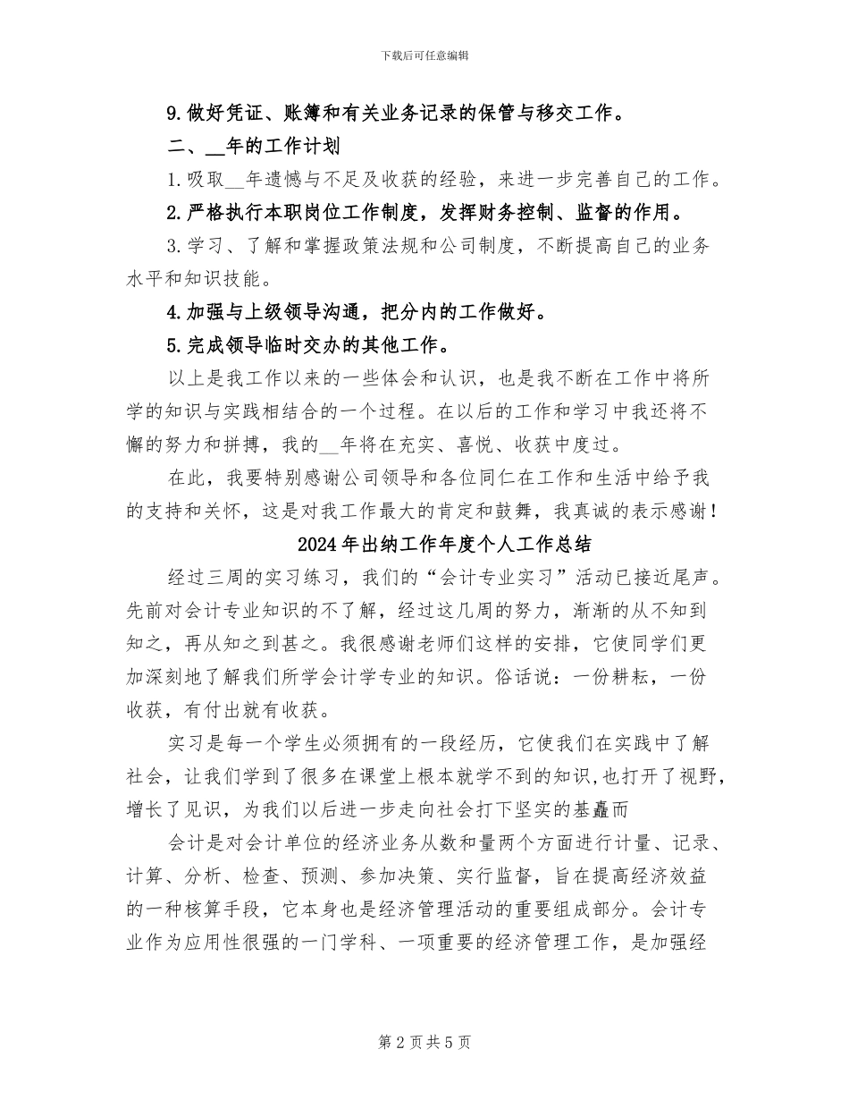 2024年出纳工作工作总结和计划范本_第2页