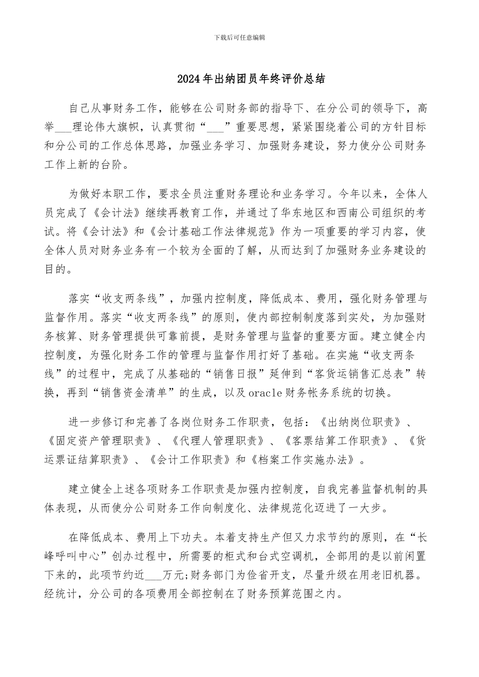 2024年出纳团员年终评价总结_第1页