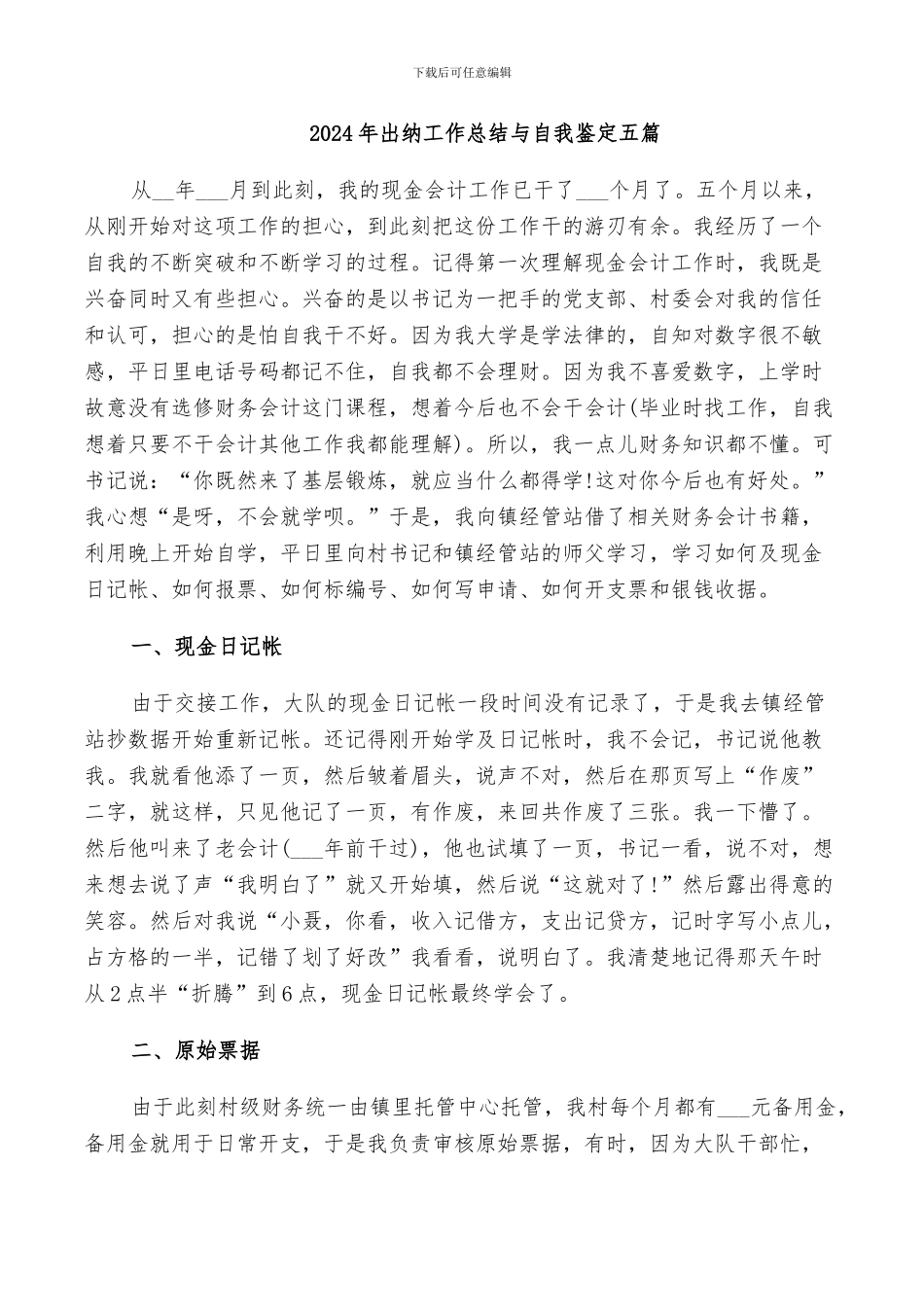 2024年出纳工作总结与自我鉴定五篇_第1页