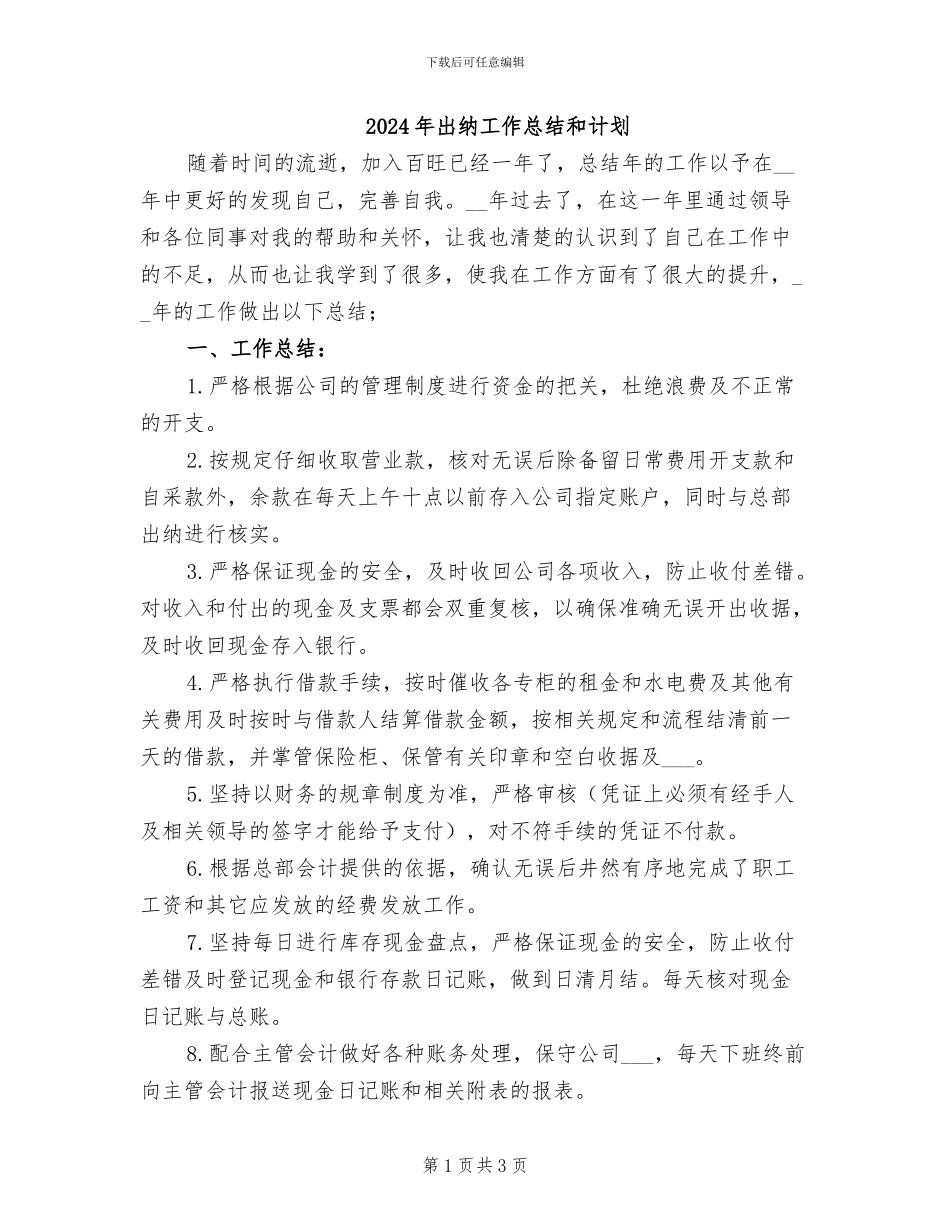 2024年出纳工作总结和计划_第1页