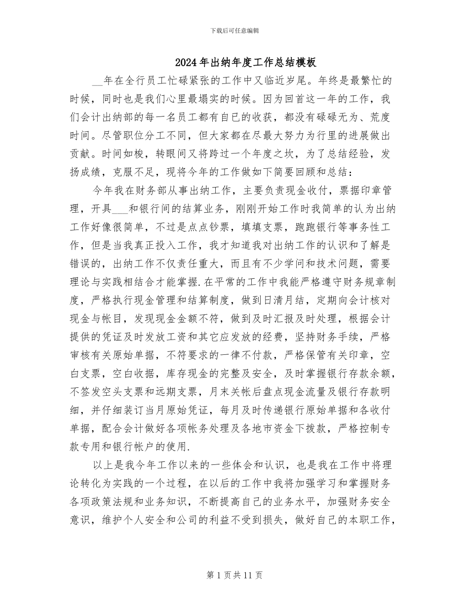 2024年出纳年度工作总结模板_第1页