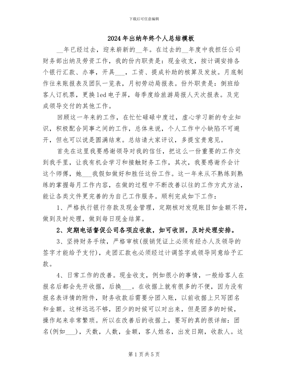 2024年出纳年终个人总结模板_第1页