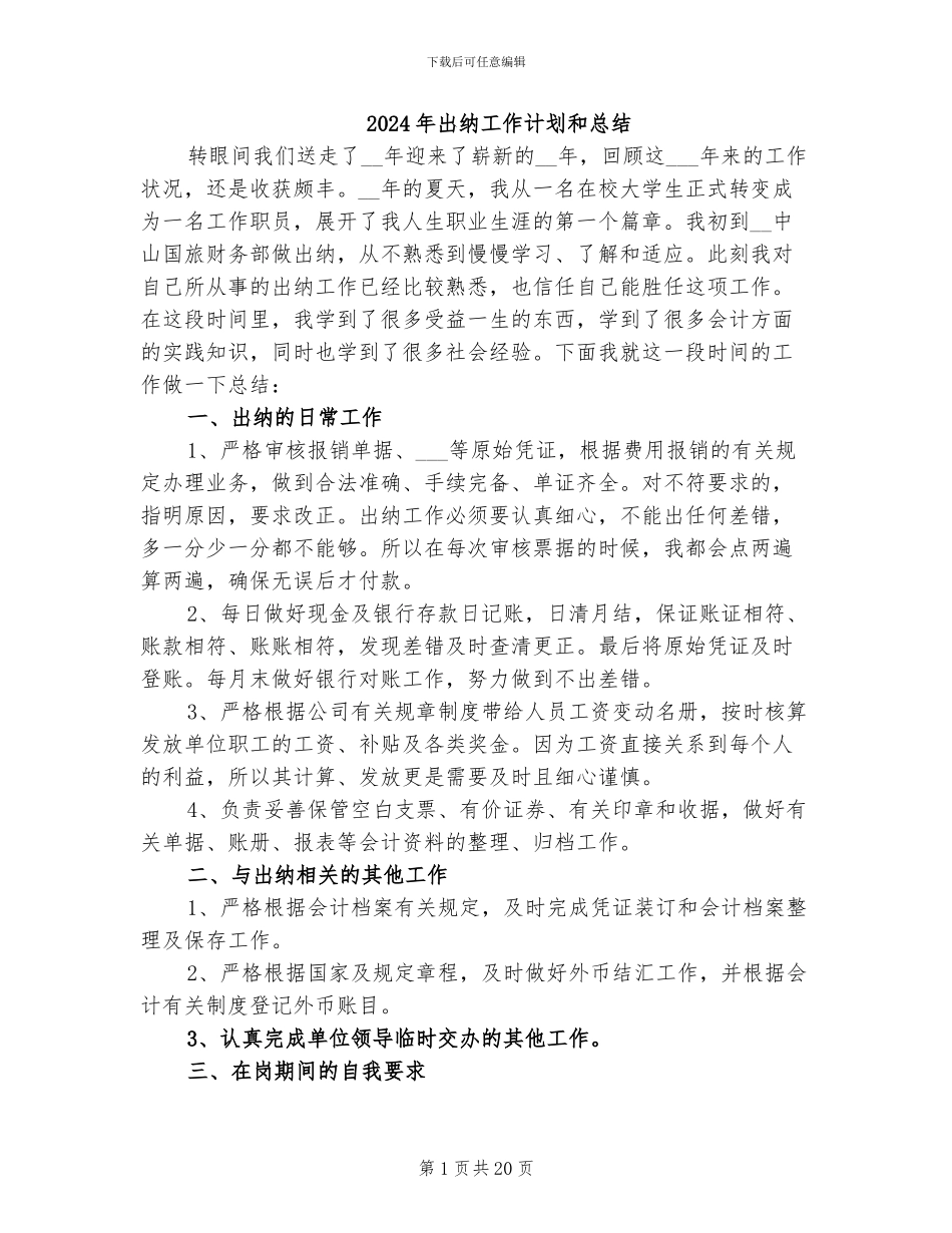 2024年出纳工作计划和总结_第1页