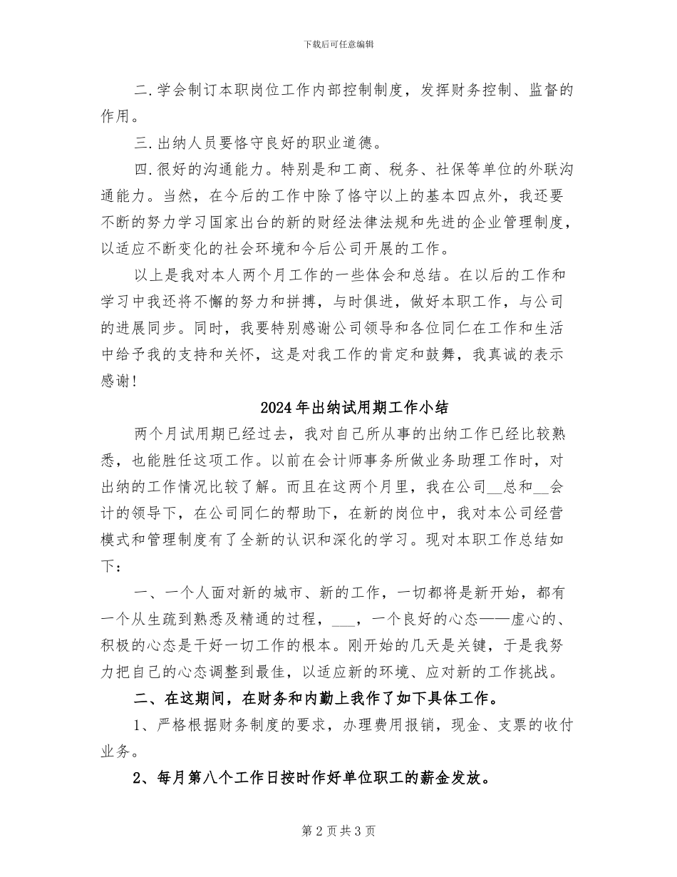 2024年出纳试用期优秀工作总结例_第2页