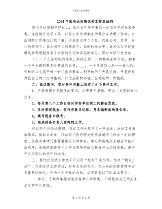 2024年出纳试用期优秀工作总结例