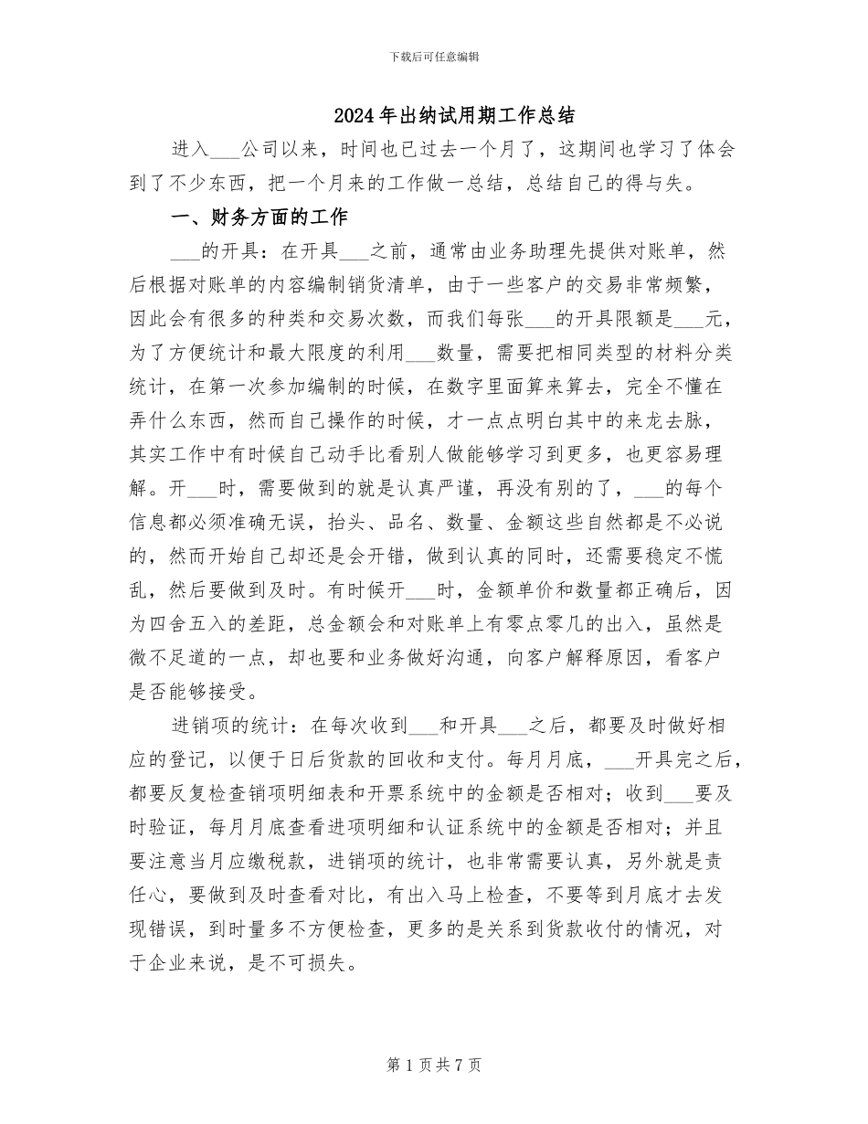 2024年出纳试用期工作总结_第1页