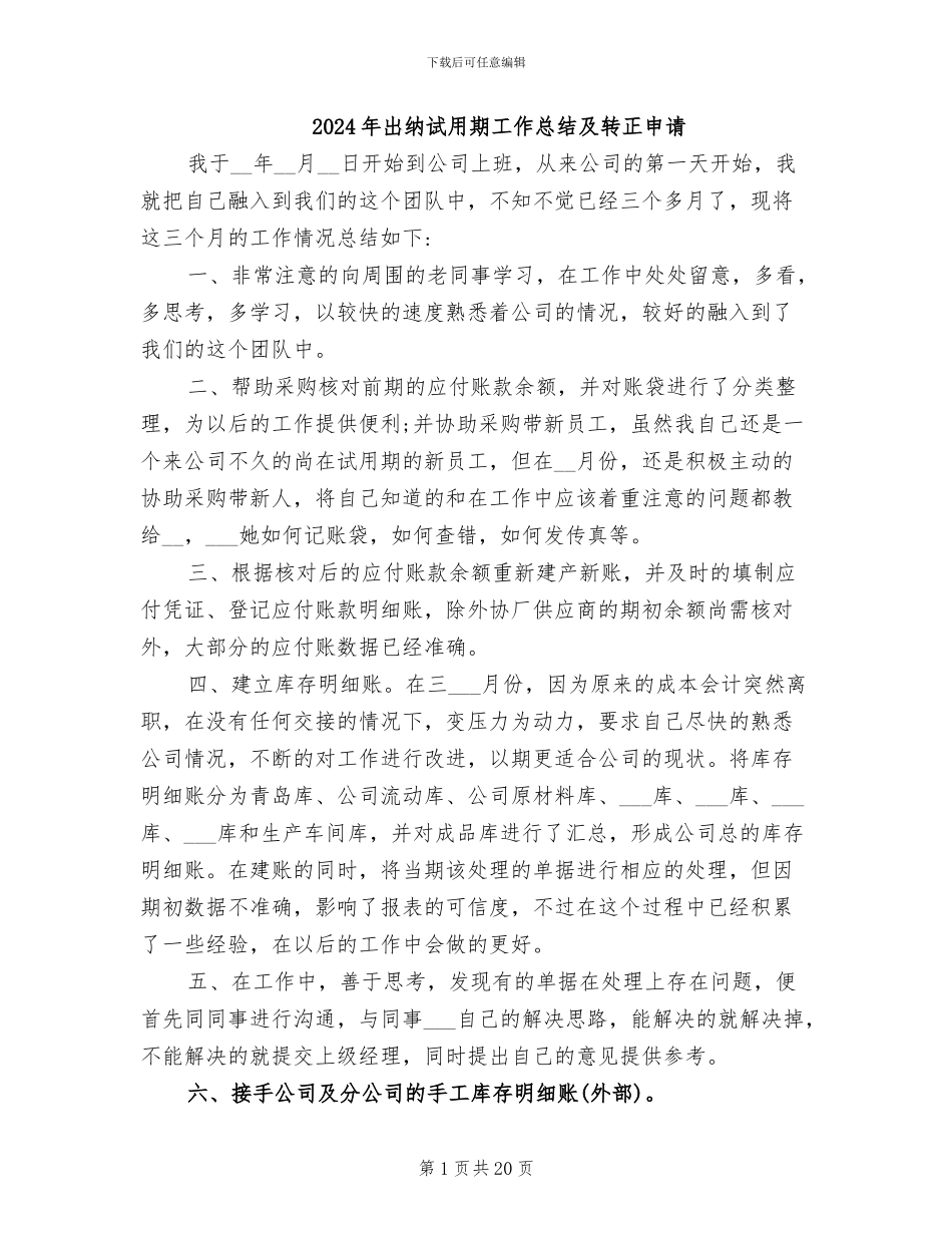2024年出纳试用期工作总结及转正申请_第1页