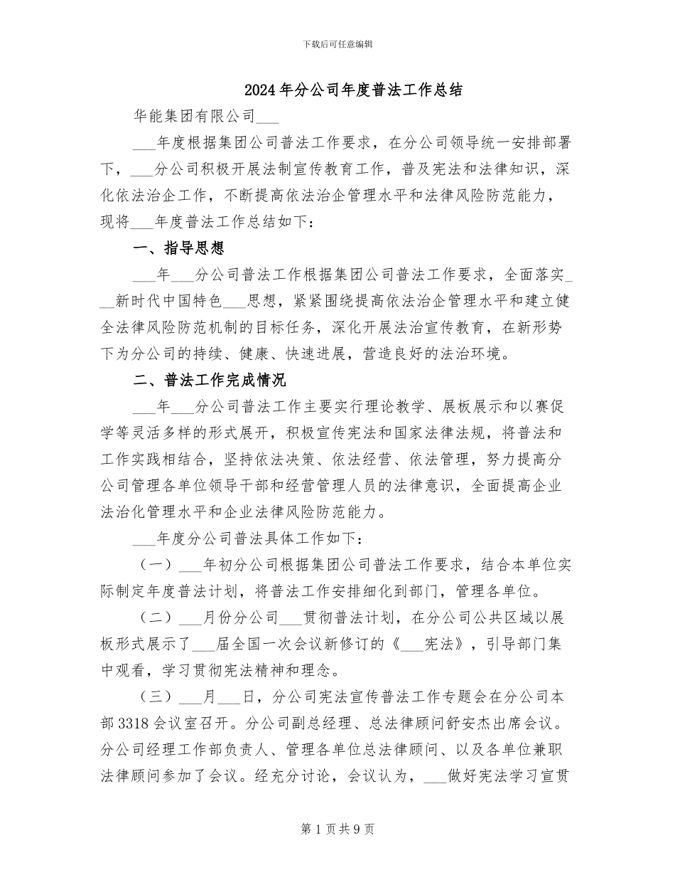 2024年分公司年度普法工作总结_第1页