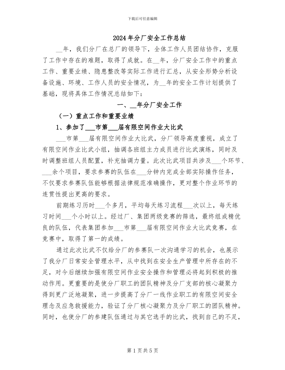 2024年分厂安全工作总结_第1页