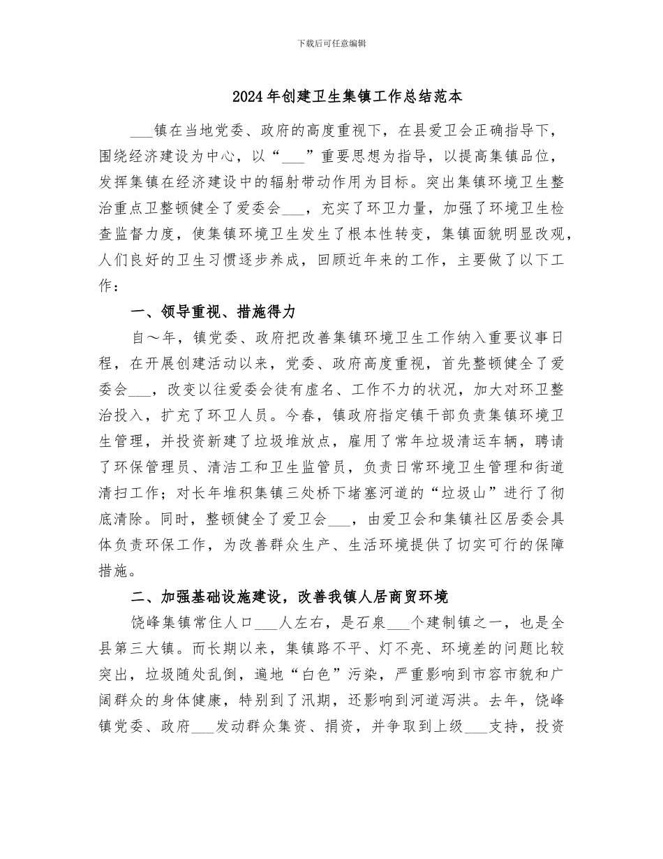 2024年创建卫生集镇工作总结范本_第1页