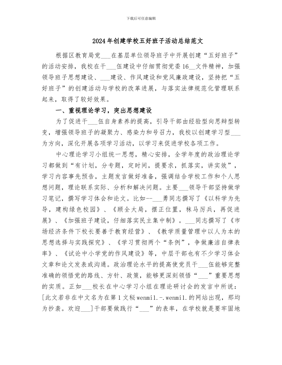 2024年创建学校五好班子活动总结范文_第1页