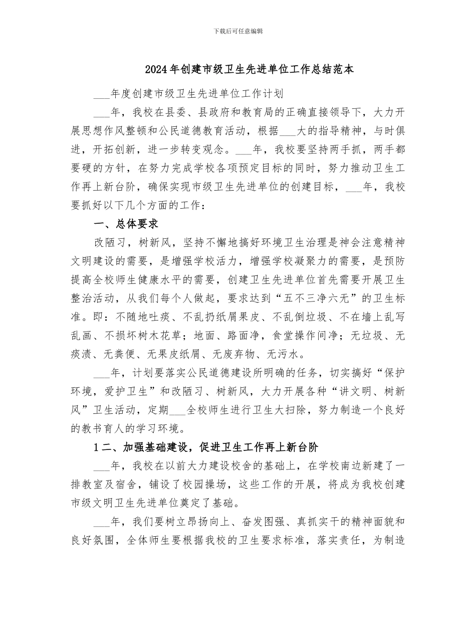 2024年创建市级卫生先进单位工作总结范本_第1页
