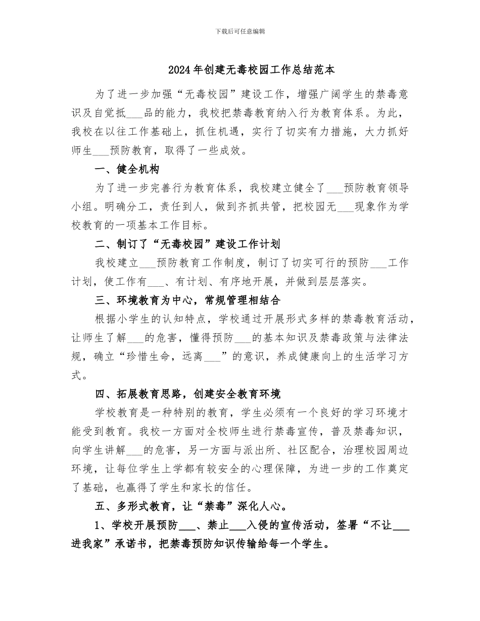2024年创建无毒校园工作总结范本_第1页