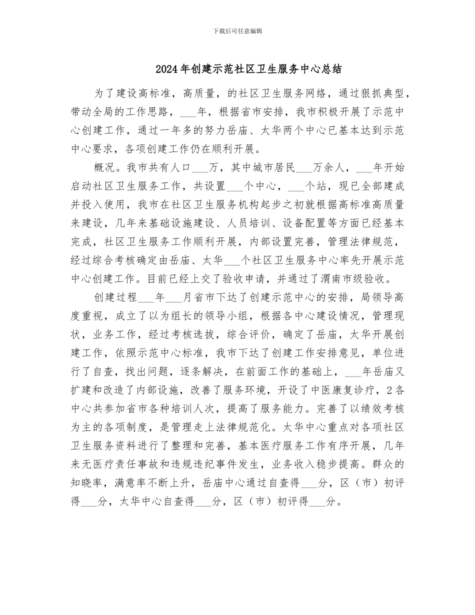 2024年创建示范社区卫生服务中心总结_第1页