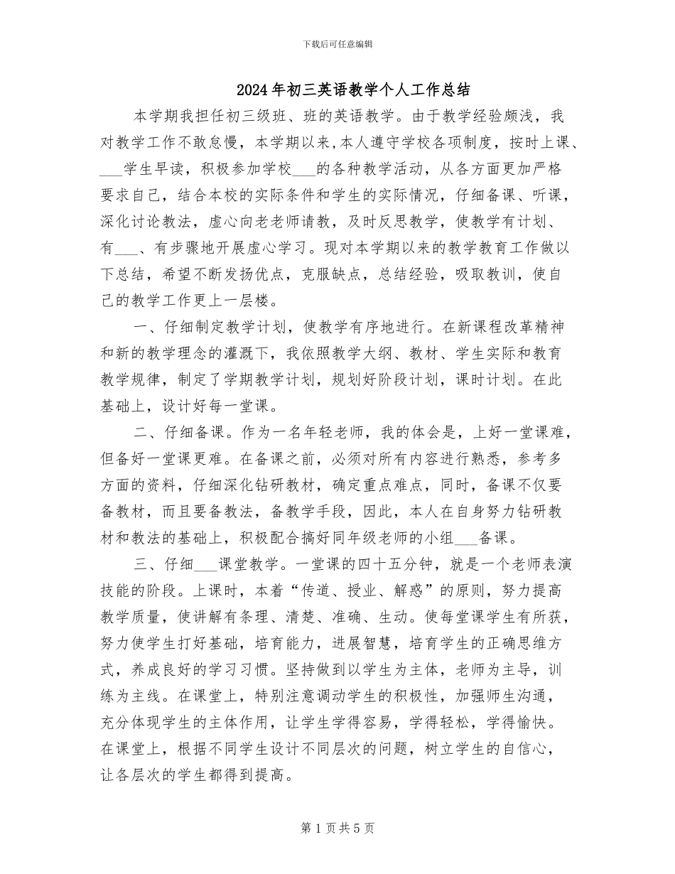 2024年初三英语教学个人工作总结_第1页