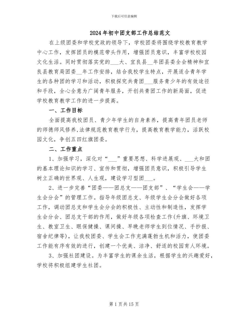 2024年初中团支部工作总结范文_第1页