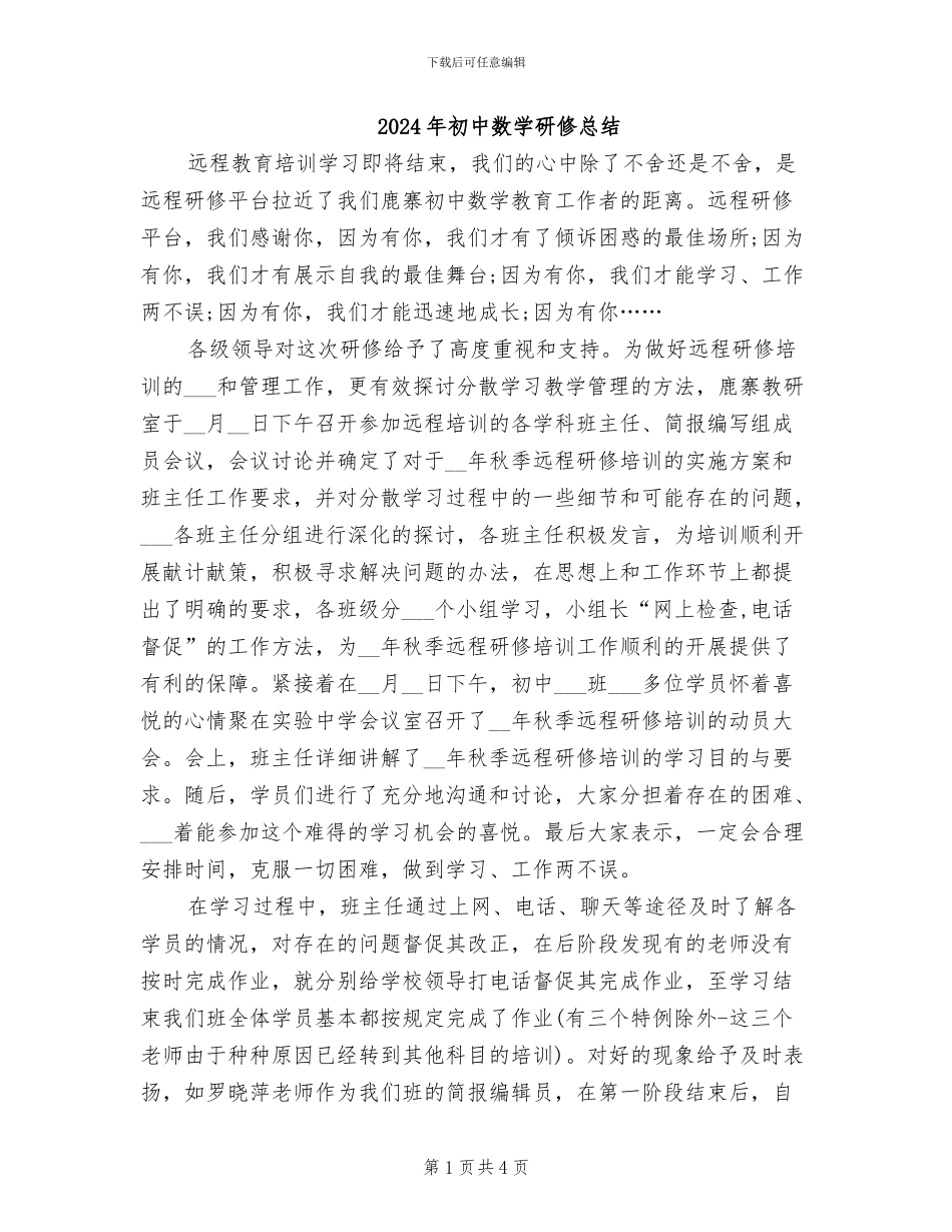 2024年初中数学研修总结_第1页