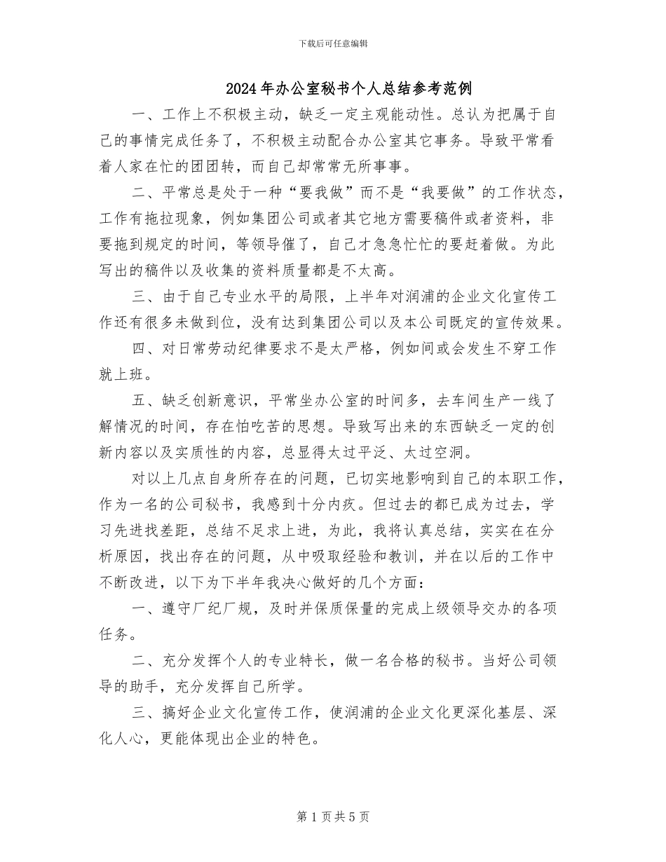 2024年办公室秘书个人总结参考范例_第1页