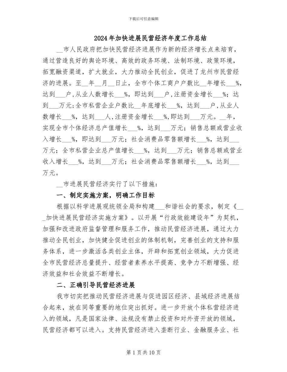 2024年加快发展民营经济年度工作总结_第1页