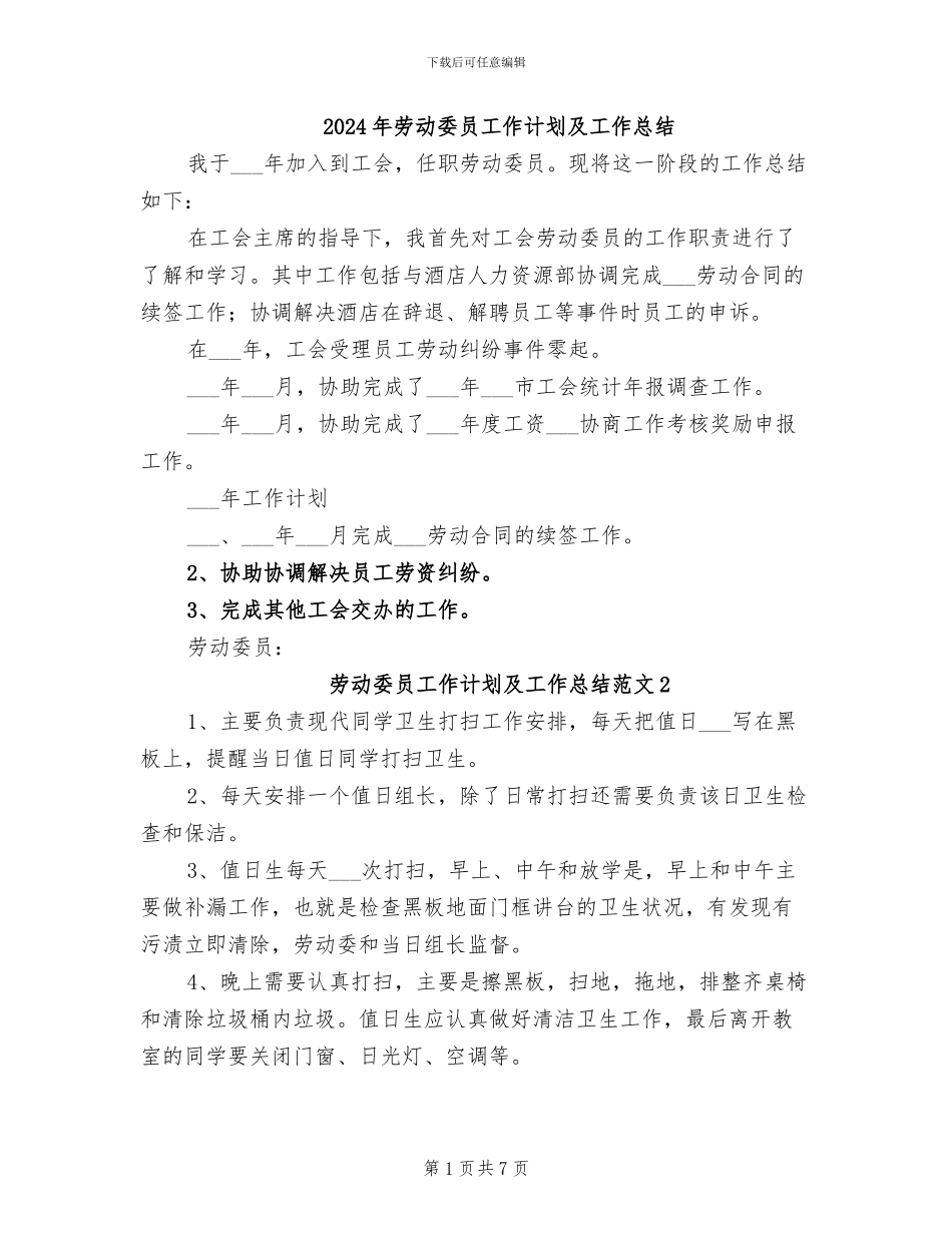 2024年劳动委员工作计划及工作总结_第1页