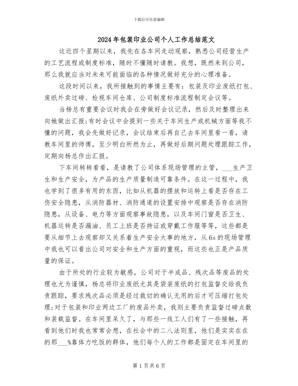 2024年包装印业公司个人工作总结范文_第1页