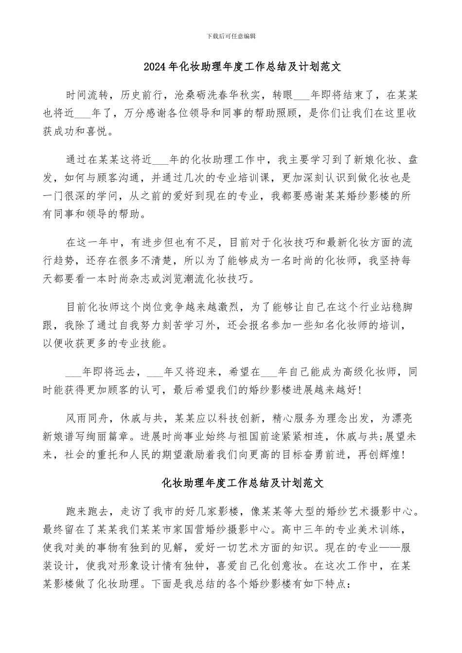 2024年化妆助理年度工作总结及计划范文_第1页