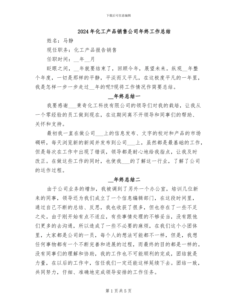 2024年化工产品销售公司年终工作总结_第1页