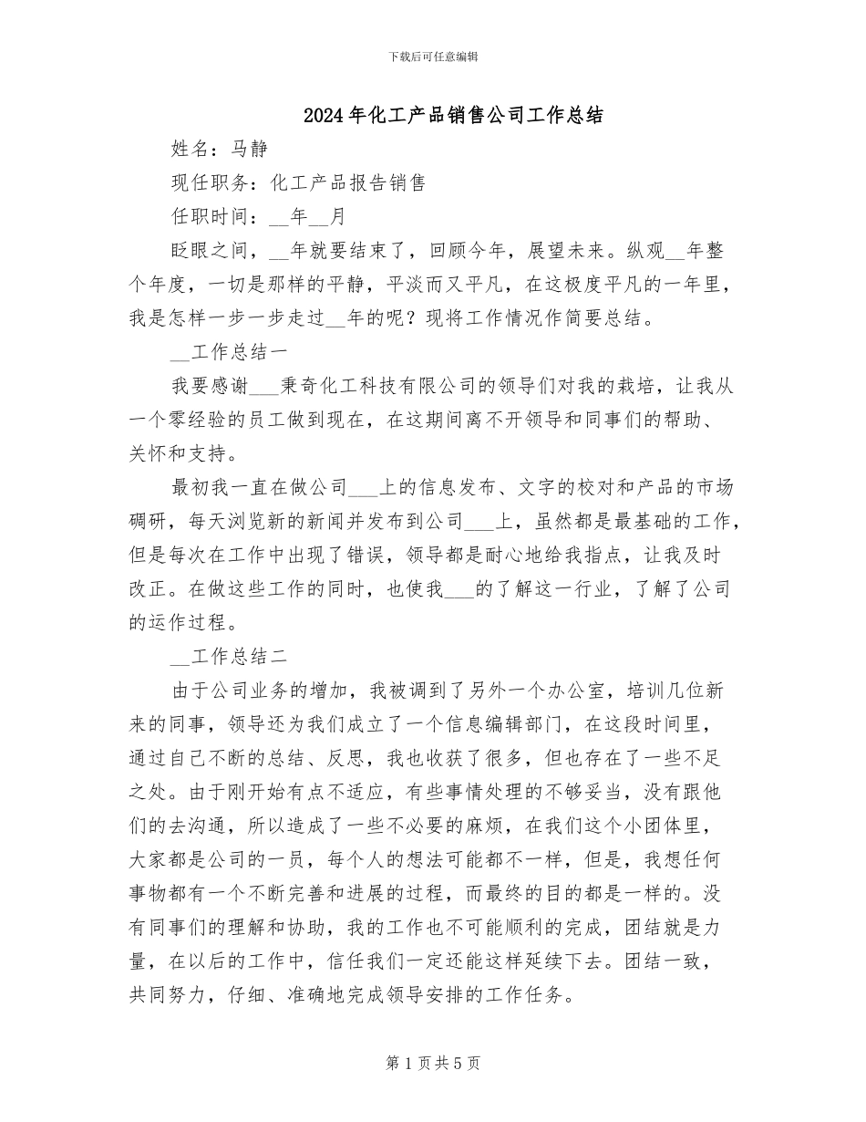2024年化工产品销售公司工作总结_第1页