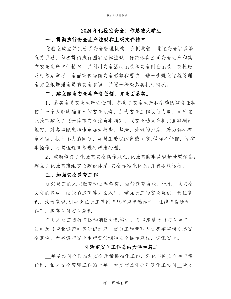 2024年化验室安全工作总结大学生_第1页