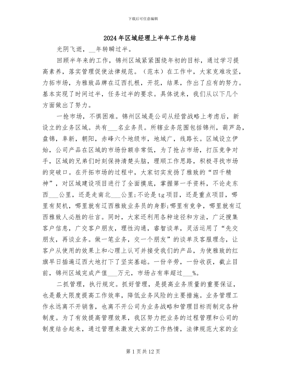 2024年区域经理上半年工作总结_第1页