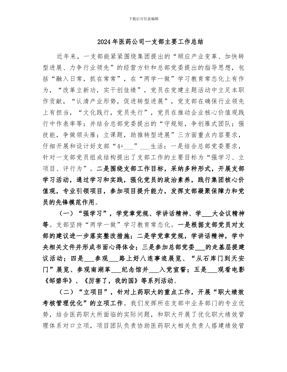 2024年医药公司一支部主要工作总结_第1页