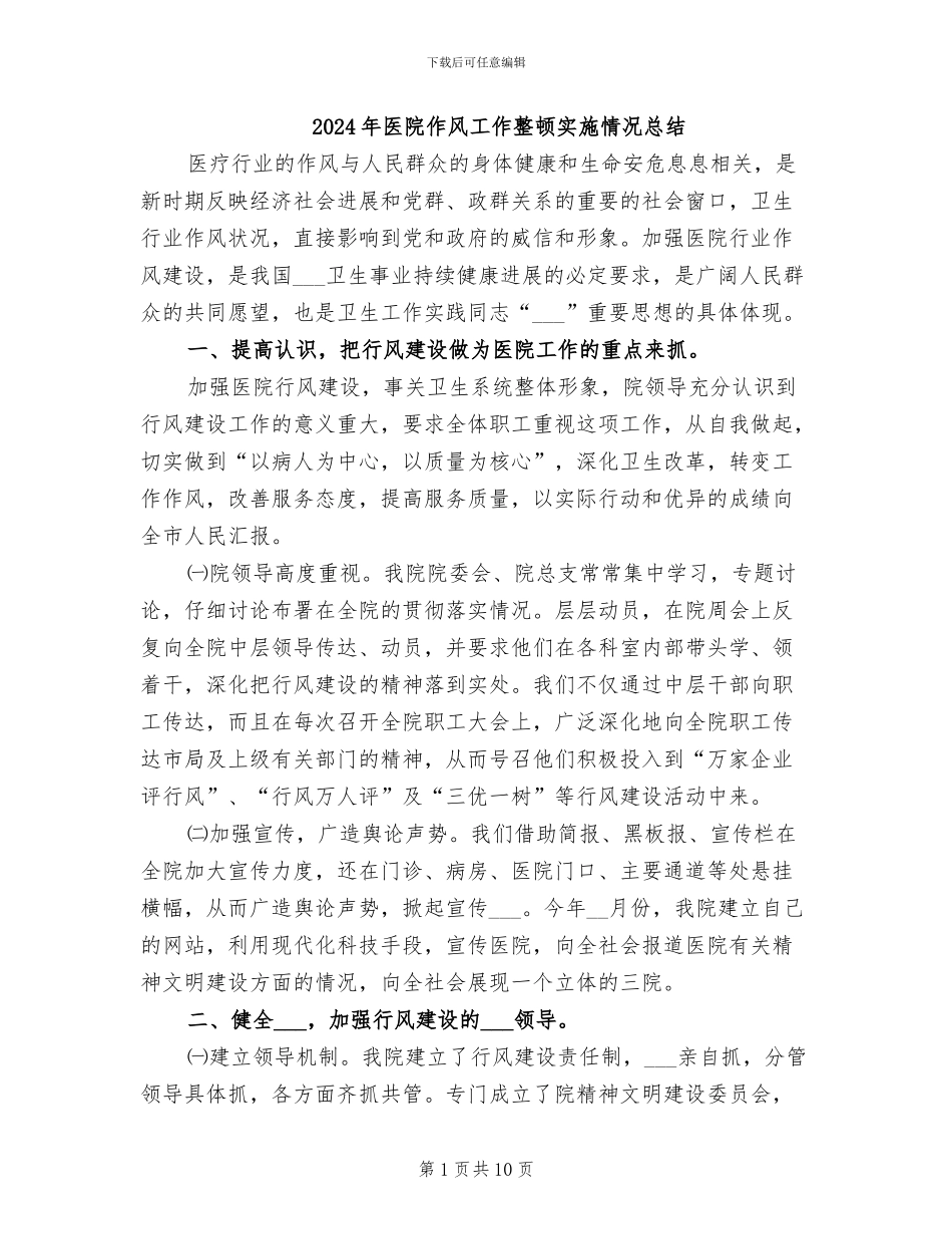 2024年医院作风工作整顿实施情况总结_第1页