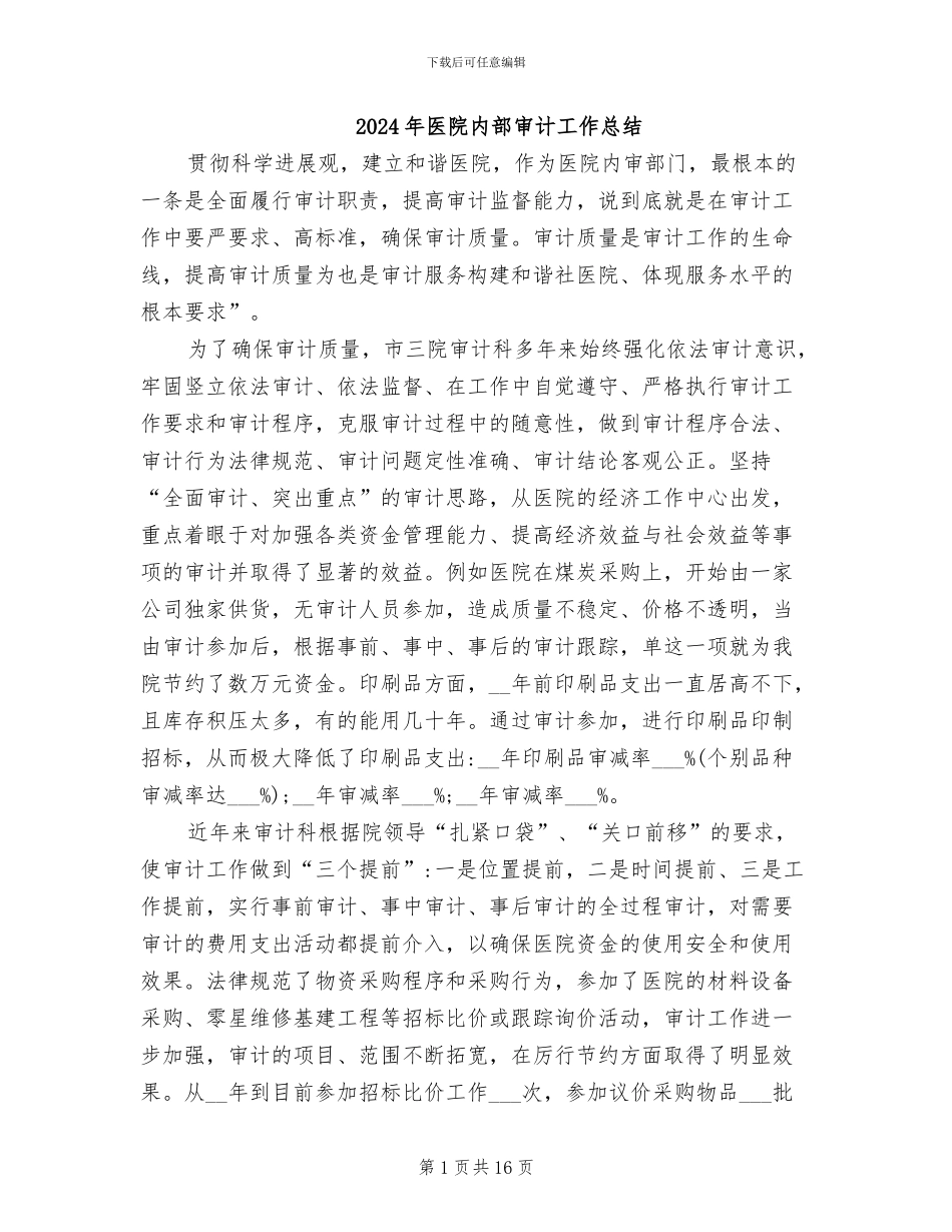 2024年医院内部审计工作总结_第1页