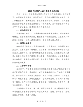 2024年医院护士试用期工作月度总结