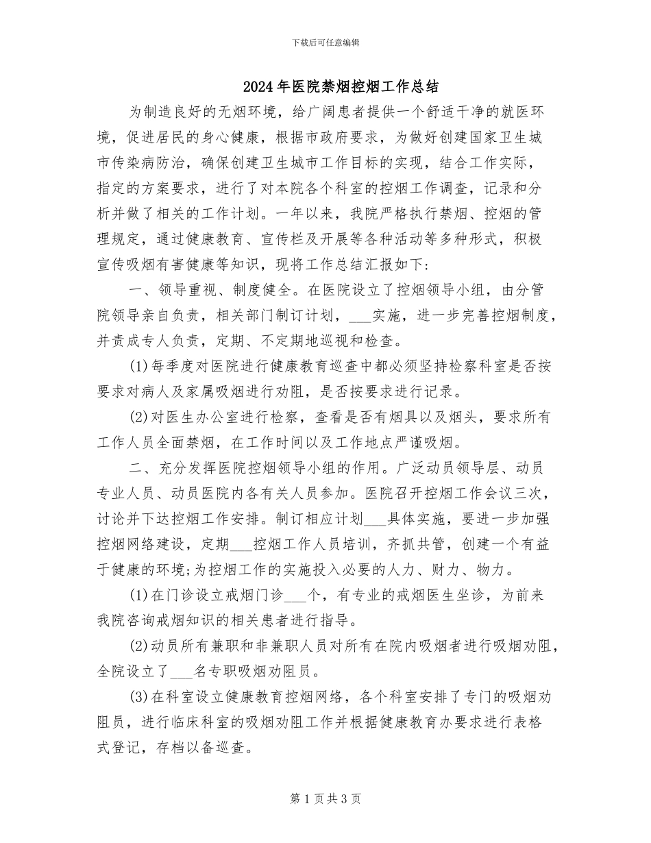 2024年医院禁烟控烟工作总结_第1页