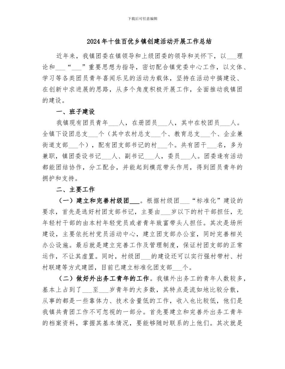 2024年十佳百优乡镇创建活动开展工作总结_第1页