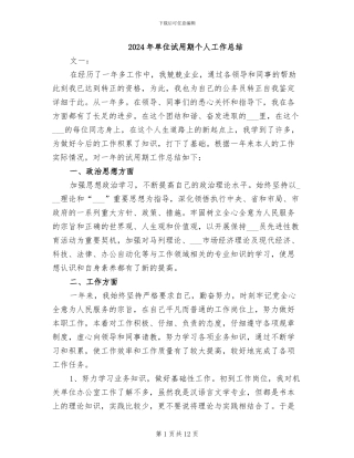 2024年单位试用期个人工作总结