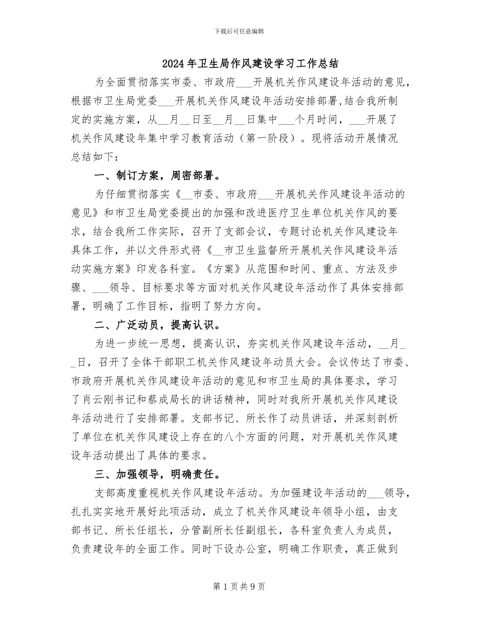 2024年卫生局作风建设学习工作总结_第1页