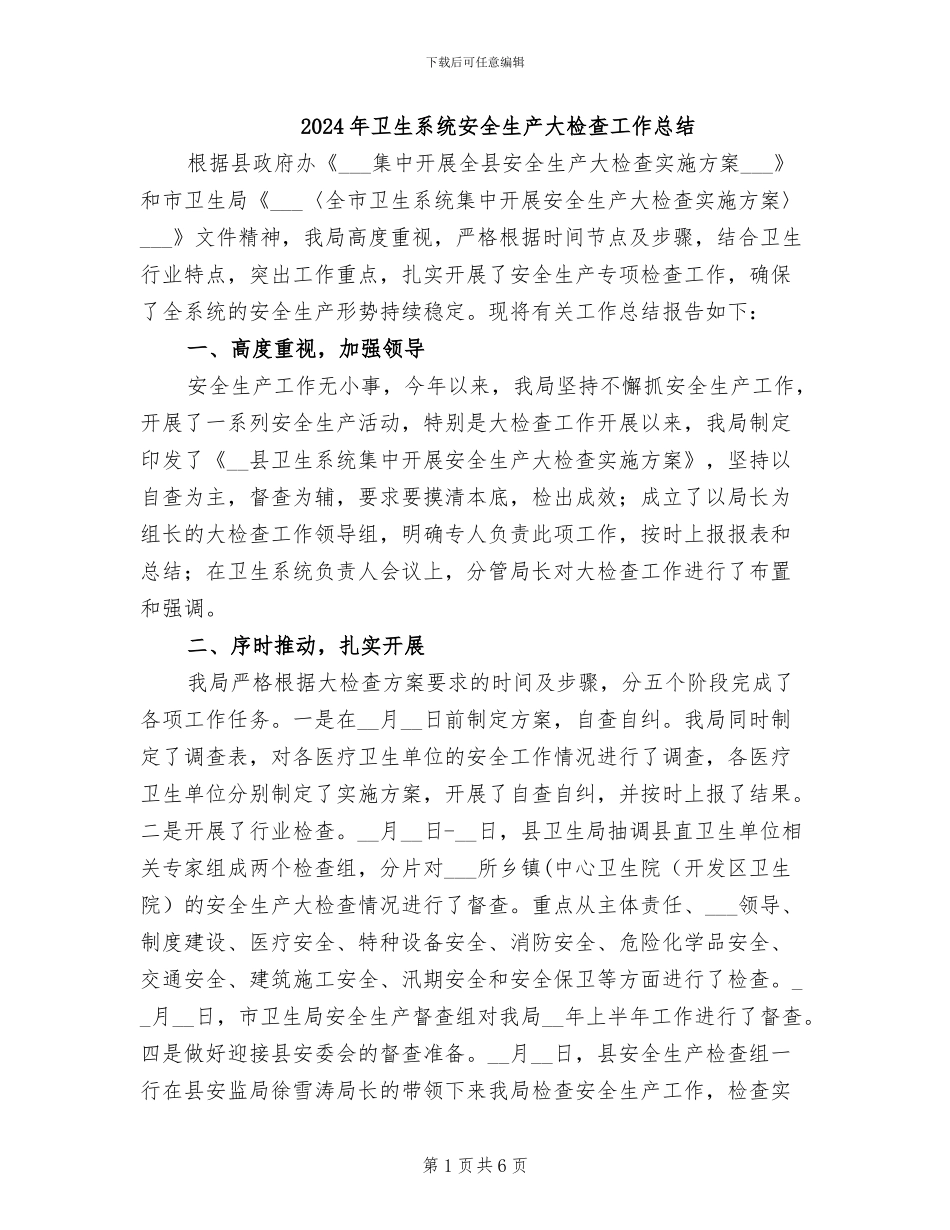 2024年卫生系统安全生产大检查工作总结_第1页