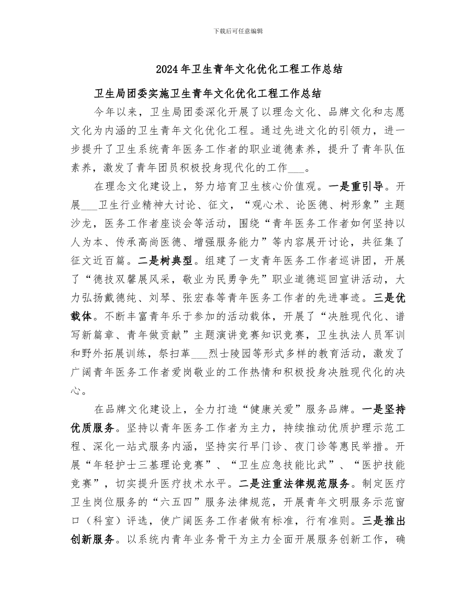 2024年卫生青年文化优化工程工作总结_第1页